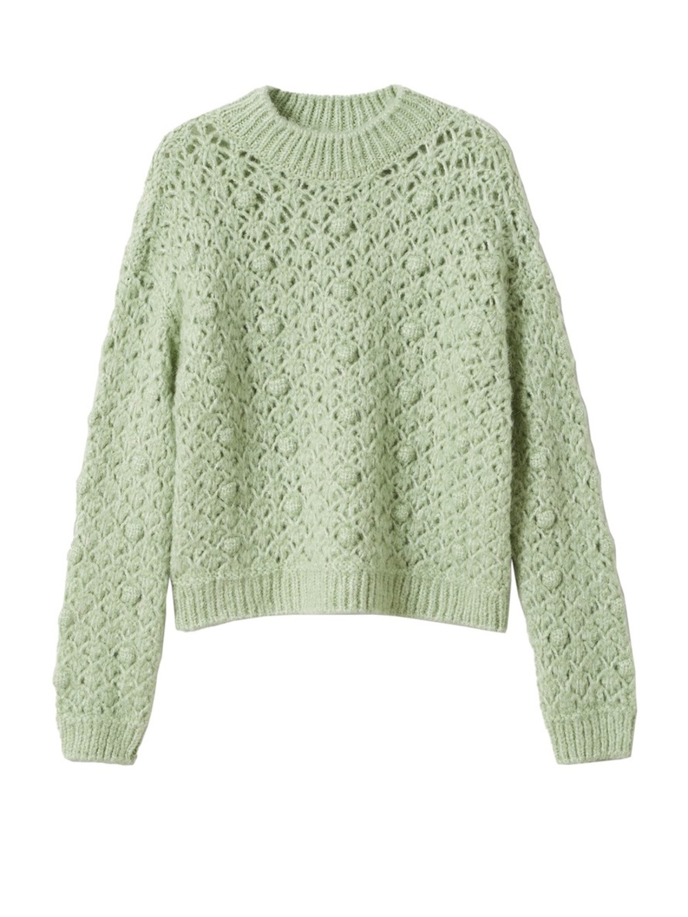 NWT Mango Mint Green Open-Knit Crewneck Popcorn Texture Sweater - Picture 2 of 9